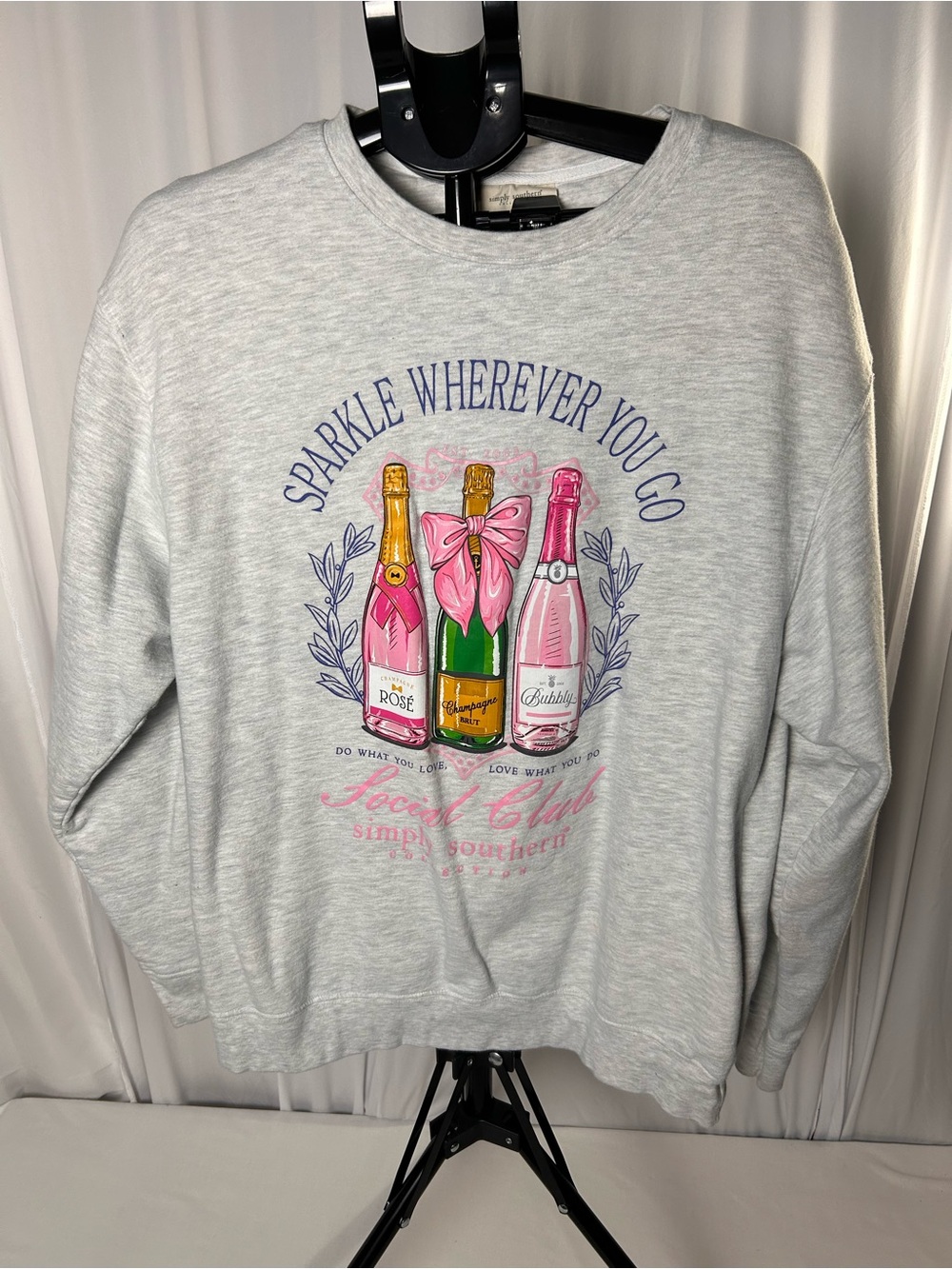 Simply Southern Light Gray Sweatshirt with Pink & Gold Champagne Graphic